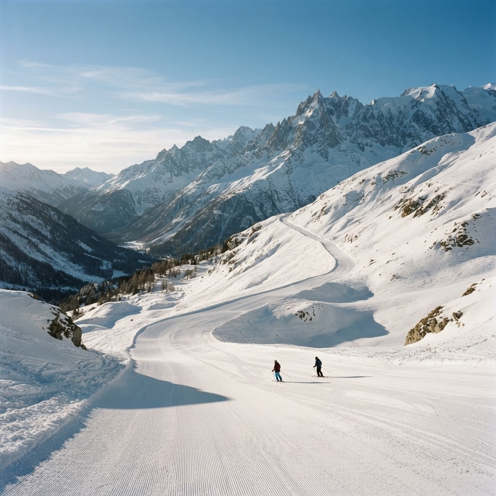 Präparierte Piste im Märzlicht mit Bergpanorama