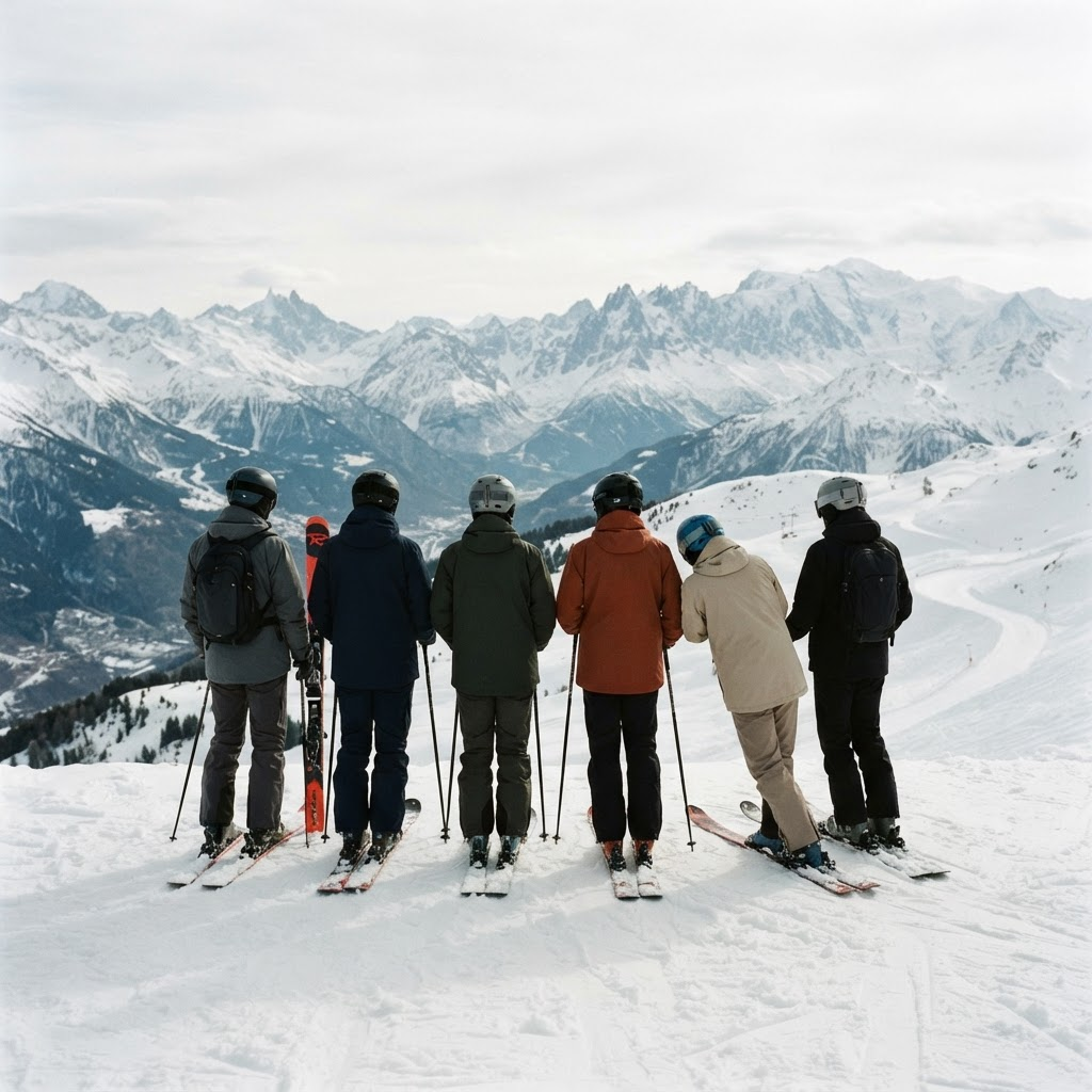 Kleine Gruppe von Skifahrern am Pistenrand
