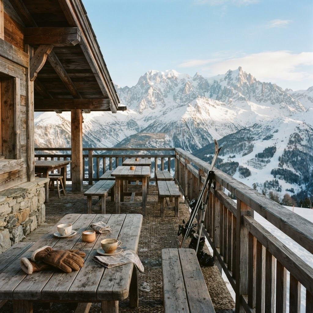 Sonnige Hüttenterrasse mit abgestellten Ski